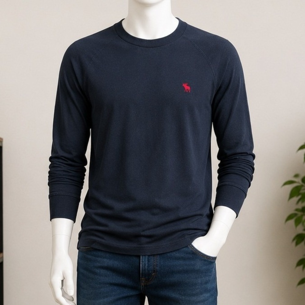 Abercrombie & Fitch Mens Long Sleeve Tee Navy Blue Red Moose Logo Small
